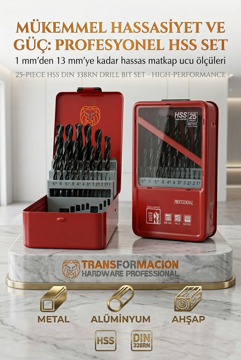 25 Parça 1 - 13 mm Alüminyum Metal Ağaç HSS Uçlu DIN 338RN Matkap Ucu Seti  723034