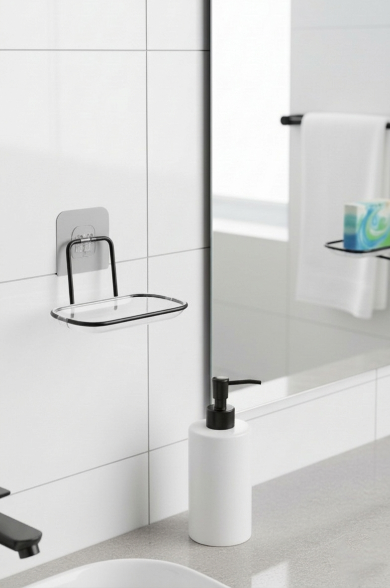 Yapışkanlı ve Ayaklı Sabunluk Seti – Su Giderli, Katı Sabun Kutusu 723055