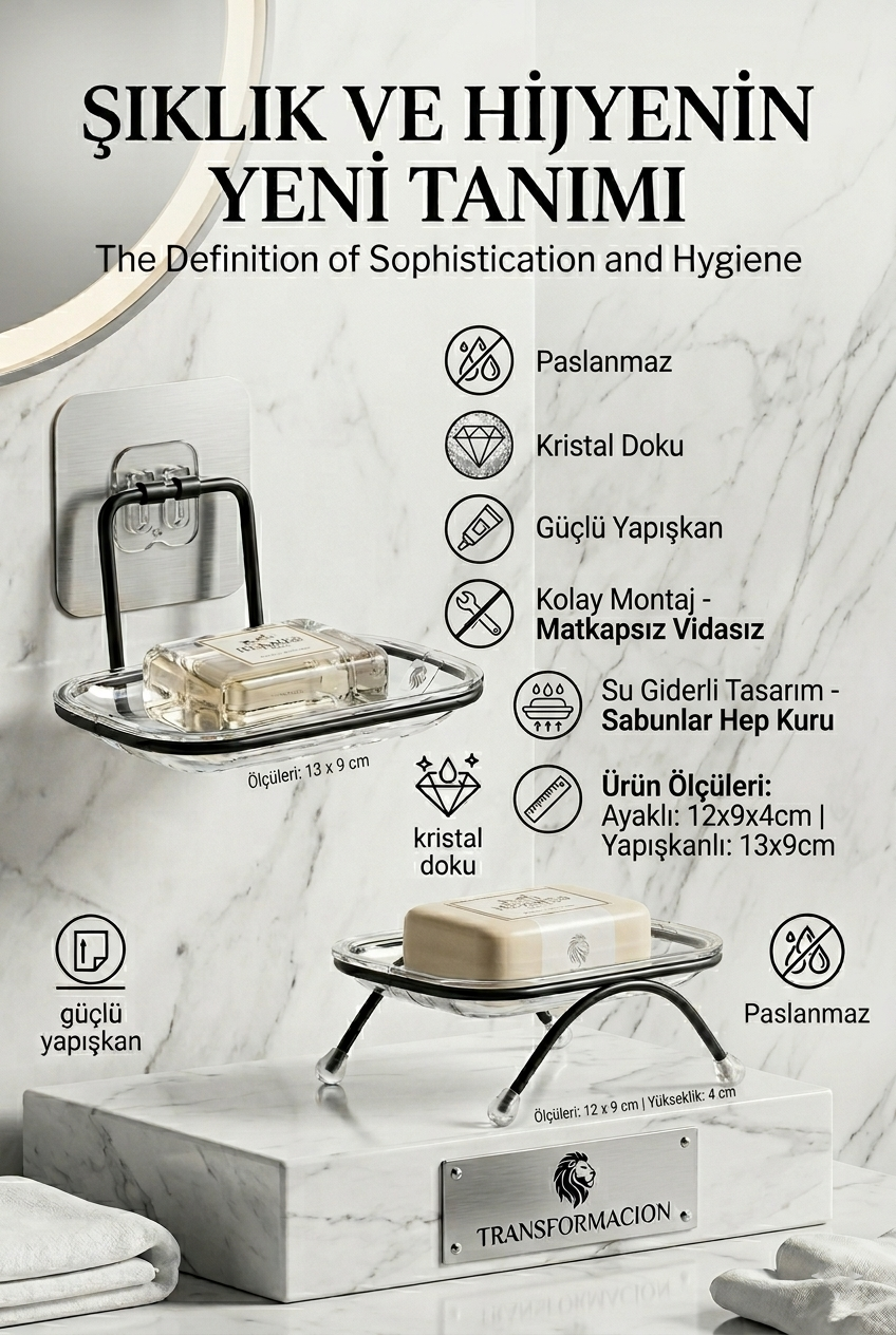 Yapışkanlı ve Ayaklı Sabunluk Seti – Su Giderli, Katı Sabun Kutusu 723055