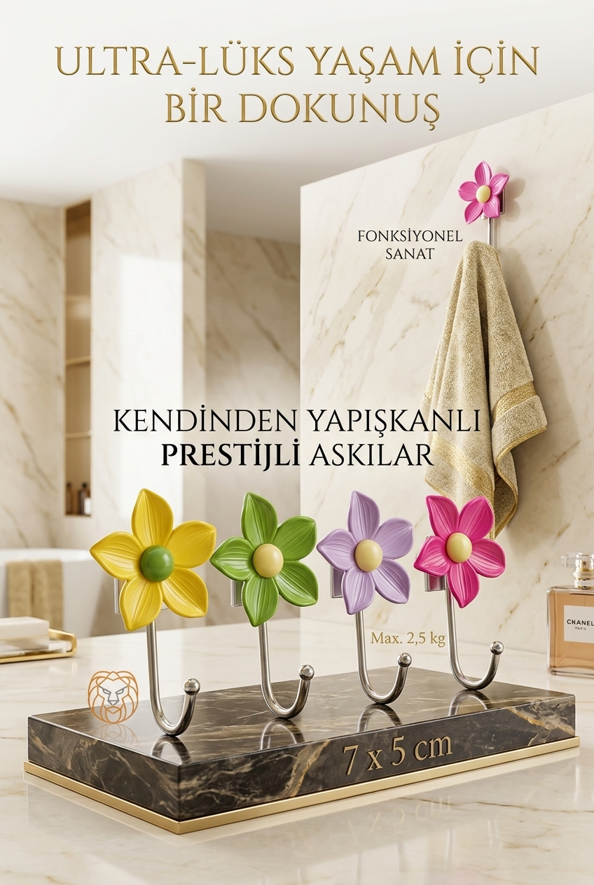  4'lü Dekoratif Çiçekli Askı Seti - Banyo Askısı Mutfak Askısı Sanatsal Organizasyon 723058