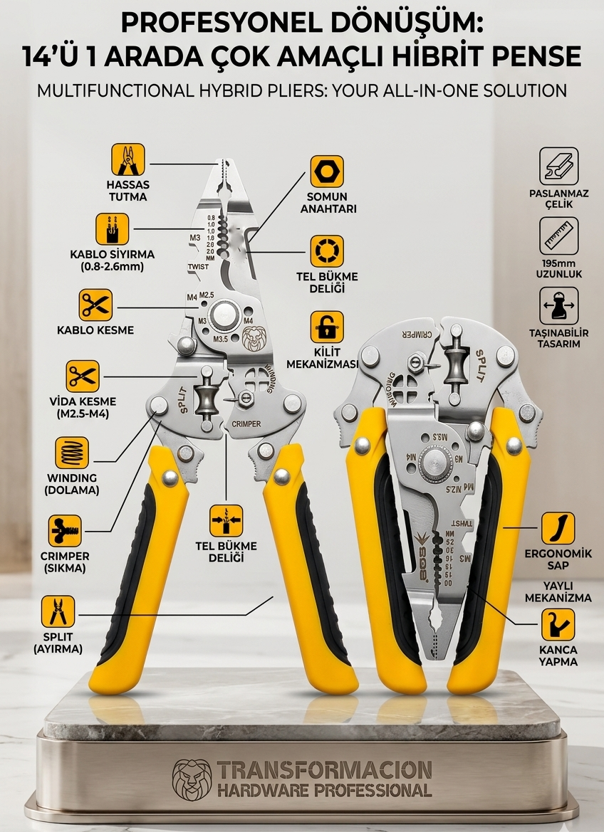14'ü 1 Arada Katlanabilir Kablo Soyucu Pense | Hibrit Çok Amaçlı Pense 723067