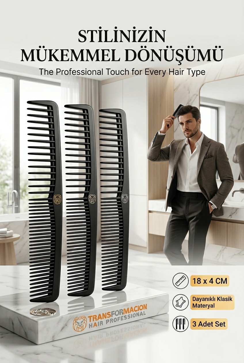 3'lü Profesyonel Stil Tarağı - İkonik Siyah Zarafet 723059