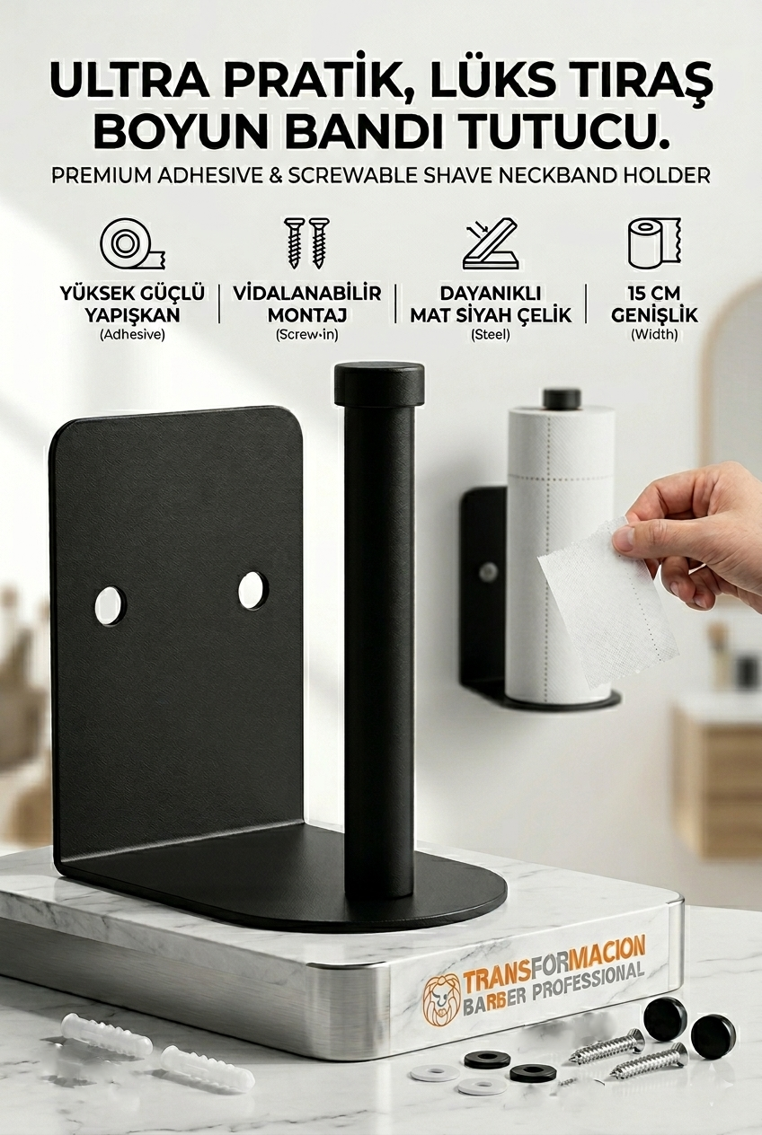 Mat Siyah Metal Berber Boyun Kağıdı Tutucu Askısı (Yapışkanlı & Vidalı) 723023