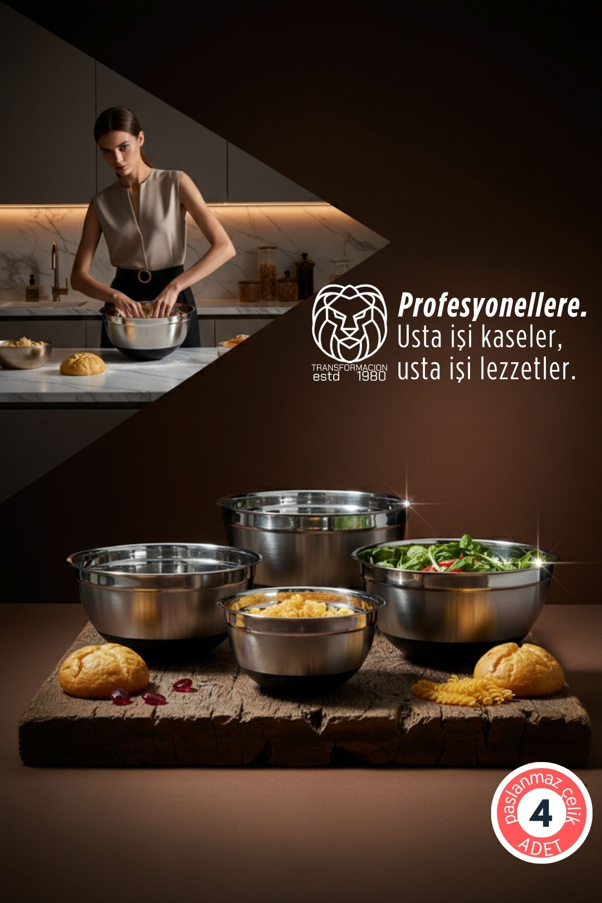 Chiara Serisi 4’lü Paslanmaz Çelik İç İçe Geçebilir Profesyonel Karıştırma Kasesi Seti 722898