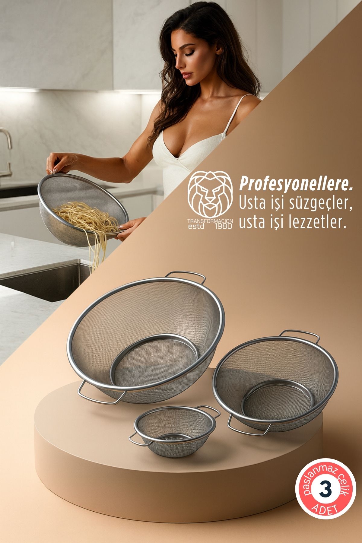  3'lü Profesyonel Mutfak Süzgeç Seti - İnce Süzgeç Kevgir Takımı Paslanmaz Çelik 722897