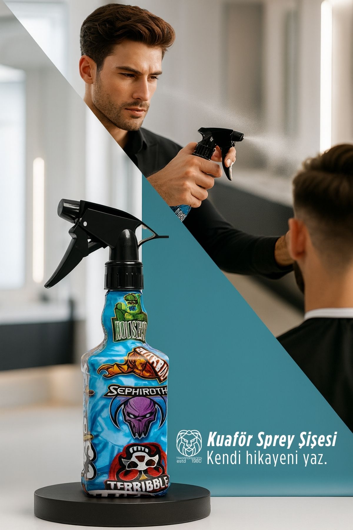 Desenli Berber Kuaför Su Spreyi Şişesi Profesyonel Saç Fısfısı 25x6cm 722903