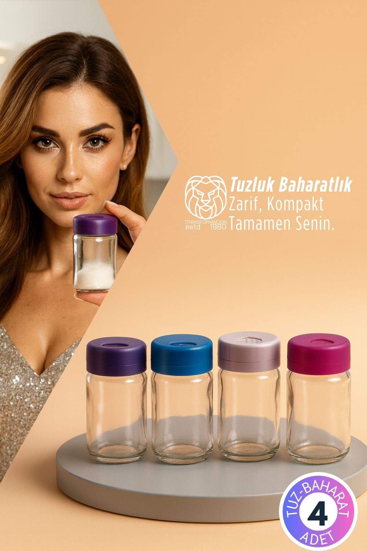 Giulia 4’lü Mini Cam Tuzluk Seti - 9 cm Modern Ergonomik Renkli Baharatlık Takımı 722870