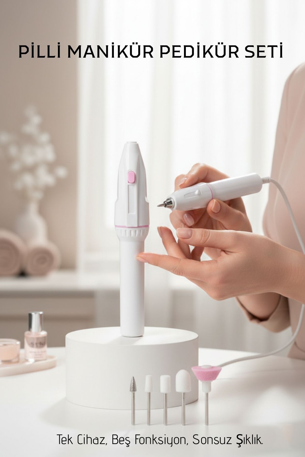 Profesyonel 5 Başlıklı Pilli Manikür Pedikür Seti - Güçlü Motorlu Tırnak Törpü ve Parlatıcı Bakım Kiti 722563