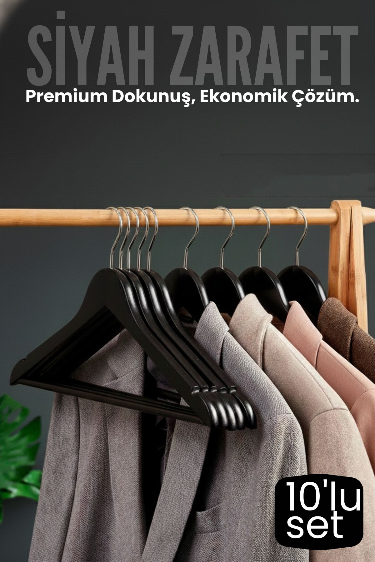 10'lu Lüks Siyah Elbise Ceket Askısı - Ergonomik & Kaymaz Plastik Askı Seti -  Ahşap Görünümlü 722535