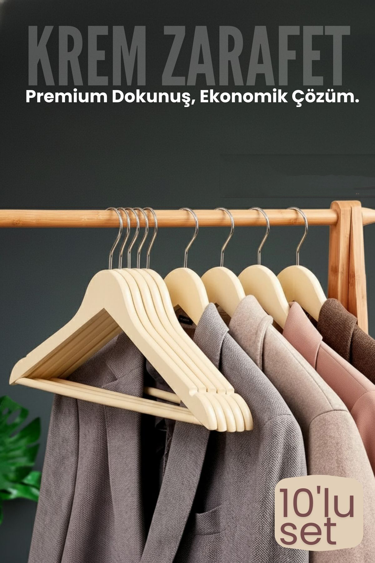 10'lu Lüks Krem Elbise Ceket Askısı - Ergonomik & Kaymaz Plastik Askı Seti -  Ahşap Görünümlü 722534