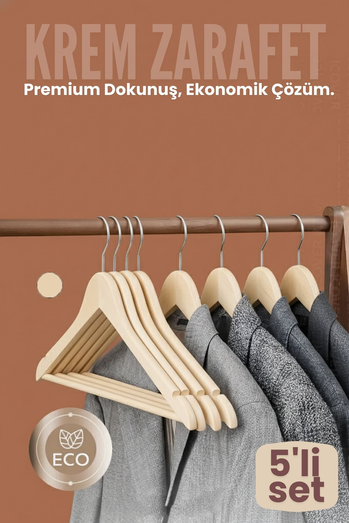 5'li Lüks Krem Elbise Ceket Askısı - Ergonomik & Kaymaz Plastik Askı Seti -  Ahşap Görünümlü 722531