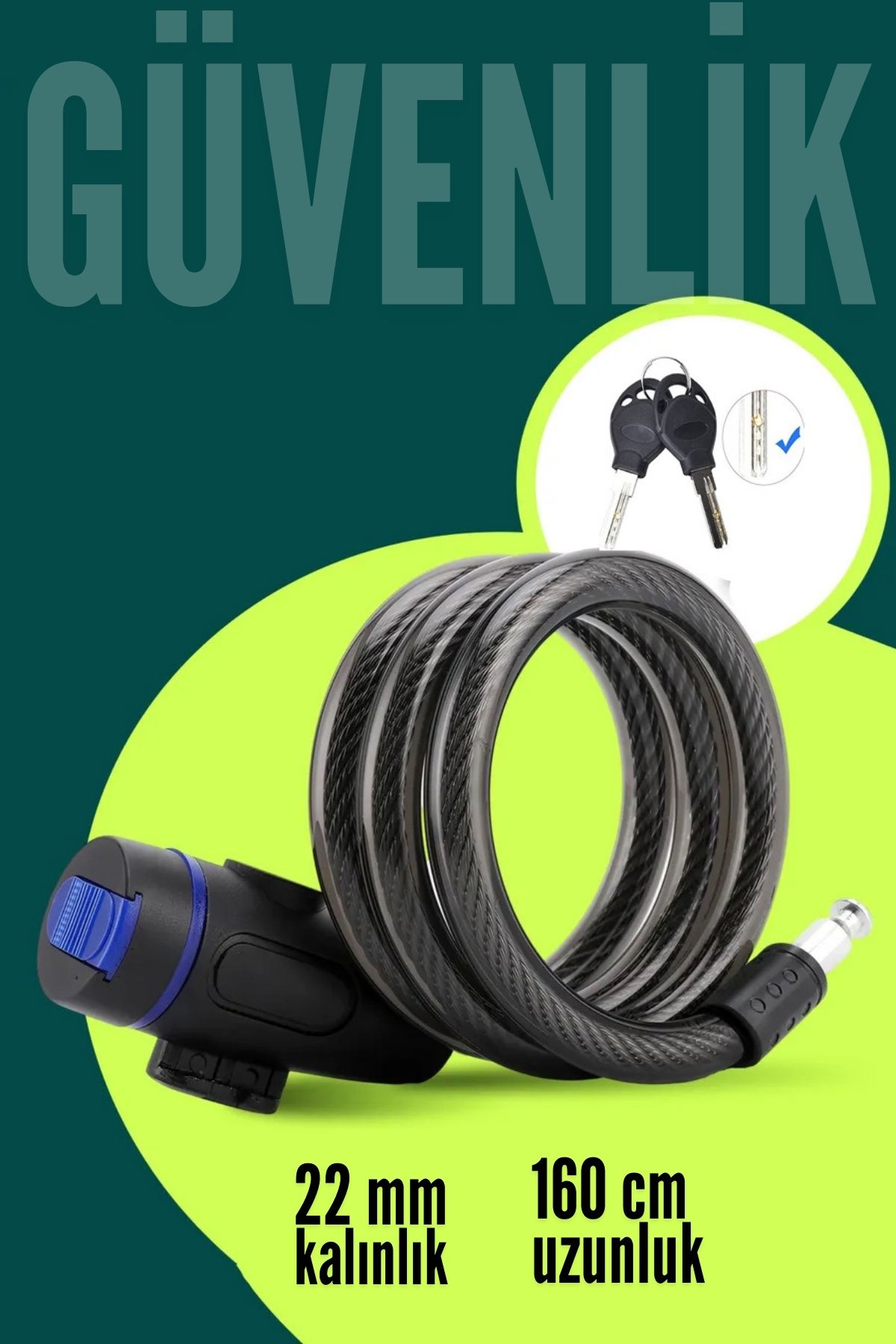 22mm Çelik Halatlı Bisiklet Kilidi - 160cm Anahtarlı Scoooter Motosiklet Kilidi 722486