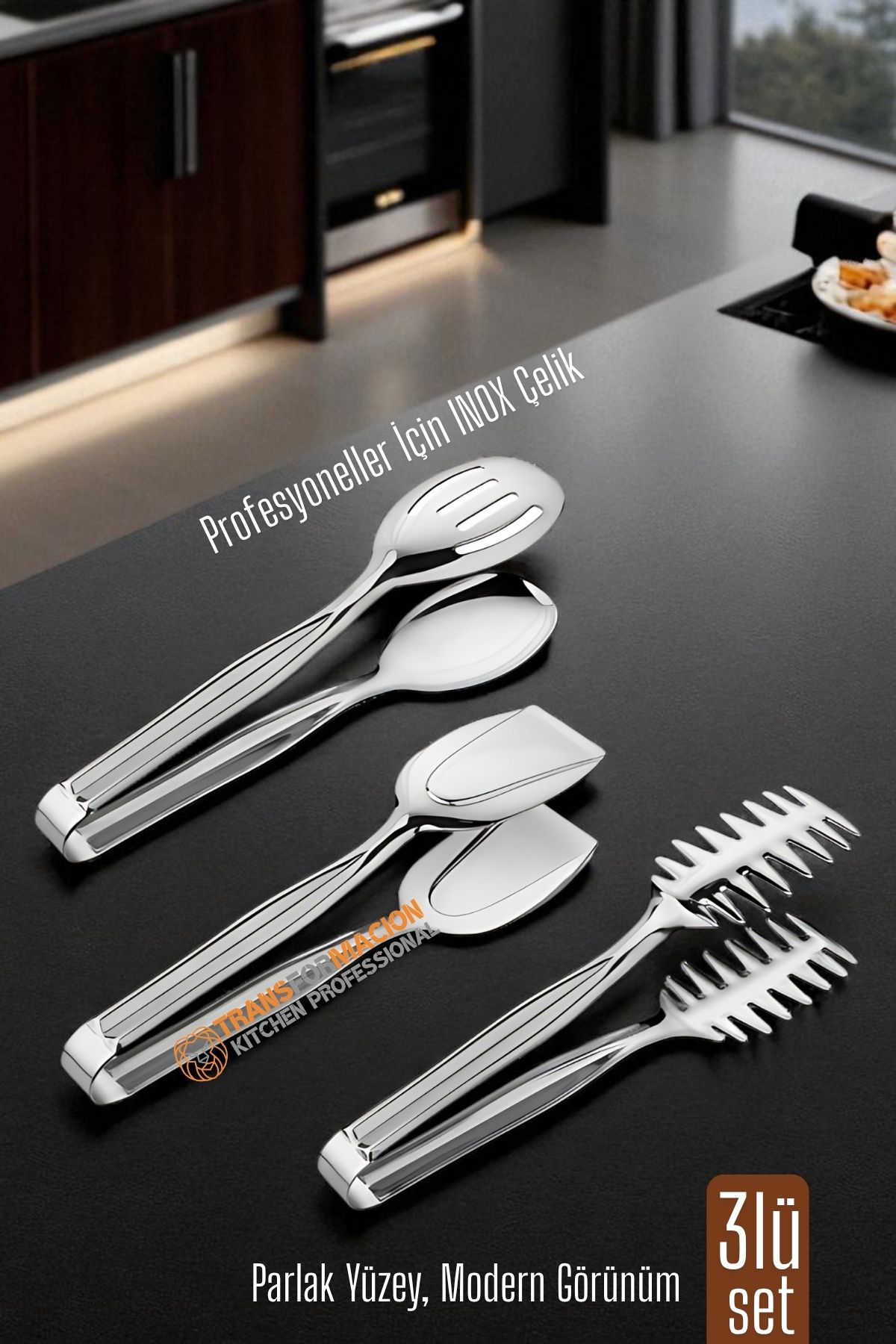 3’lü İnox Çelik Mutfak Maşa Seti - Makarna Pasta Salata Çok Amaçlı Maşa 3 lü SET 722225