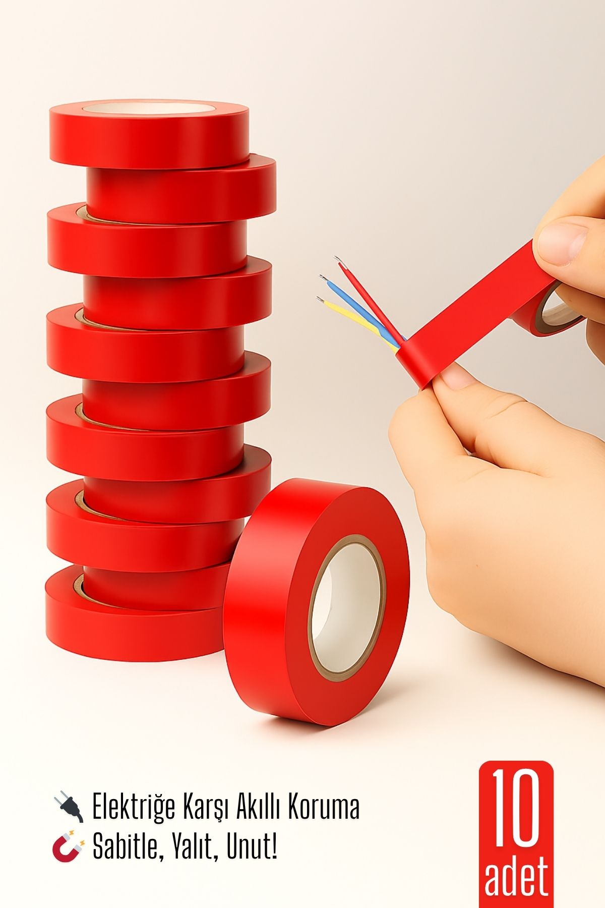 10'LU KIRMIZI Elektrik  Bandı – Yüksek Yalıtım Gücü, Kablo Sabitleme ve Elektrik Koruma İçin 722221