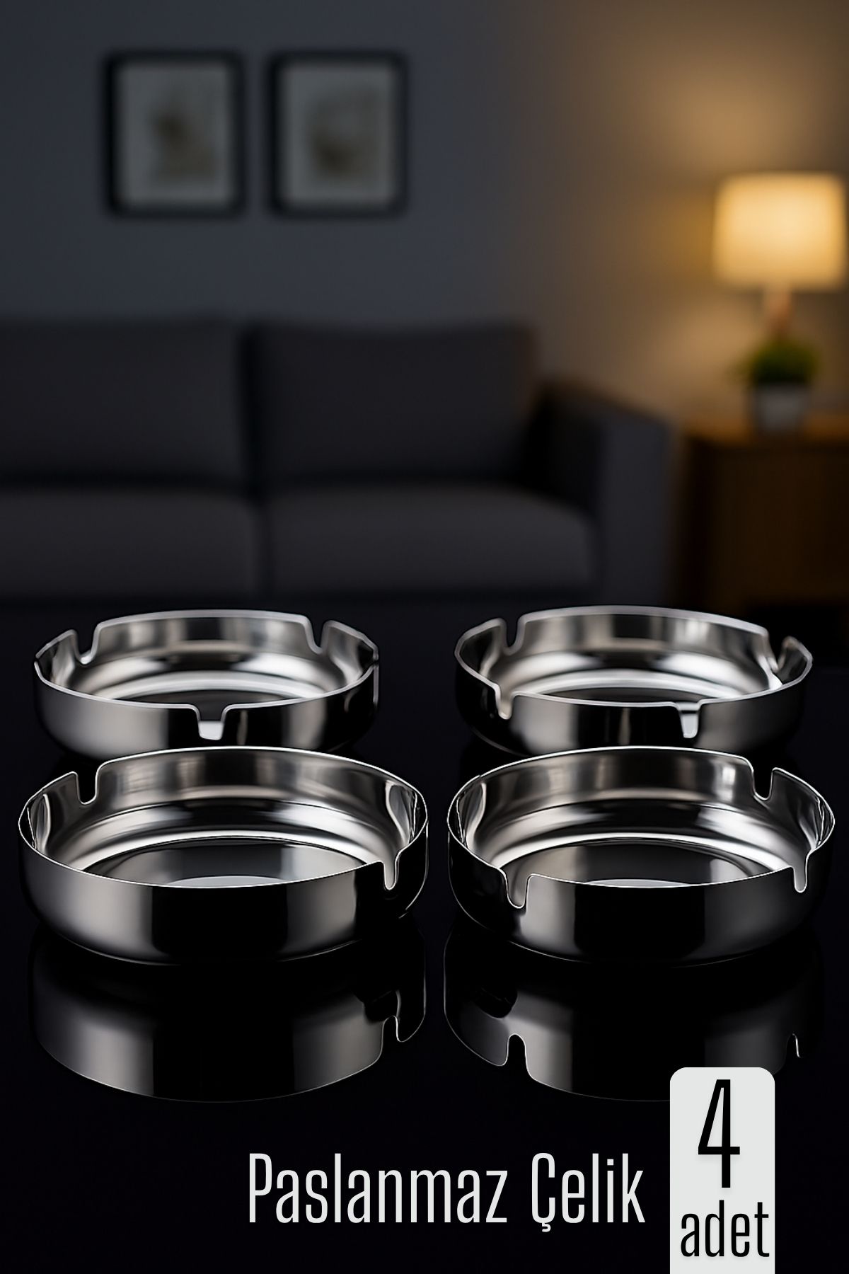 Paslanmaz Yuvarlak Küllük - Metal Kül Tablası - Masaüstü Küllük 4 LÜ 722217