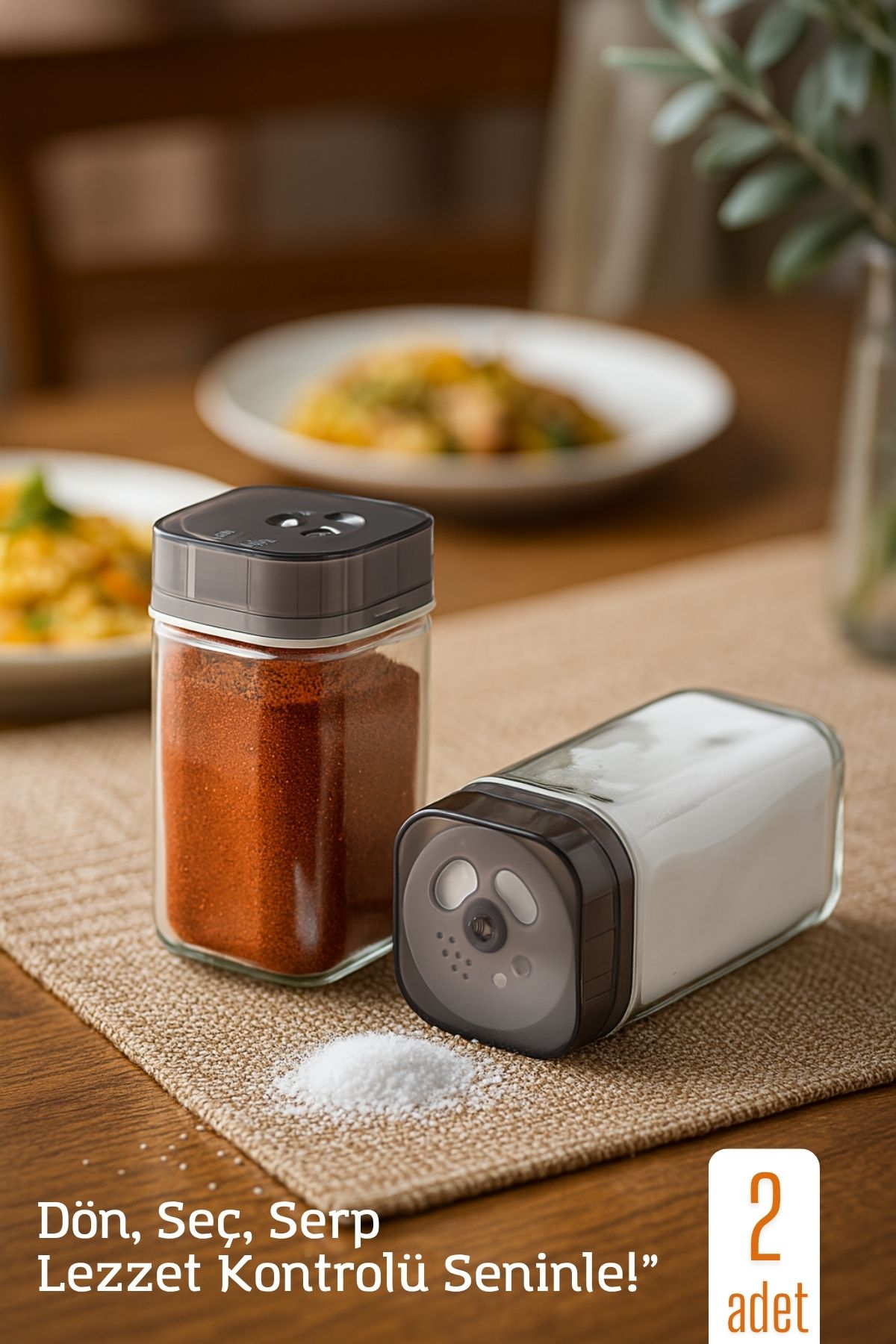 Cam Tuzluk Baharatlık – 360° Döner Kapaklı | 3 Delik Tipiyle Ayarlanabilir Akış   2 ADET 722179 