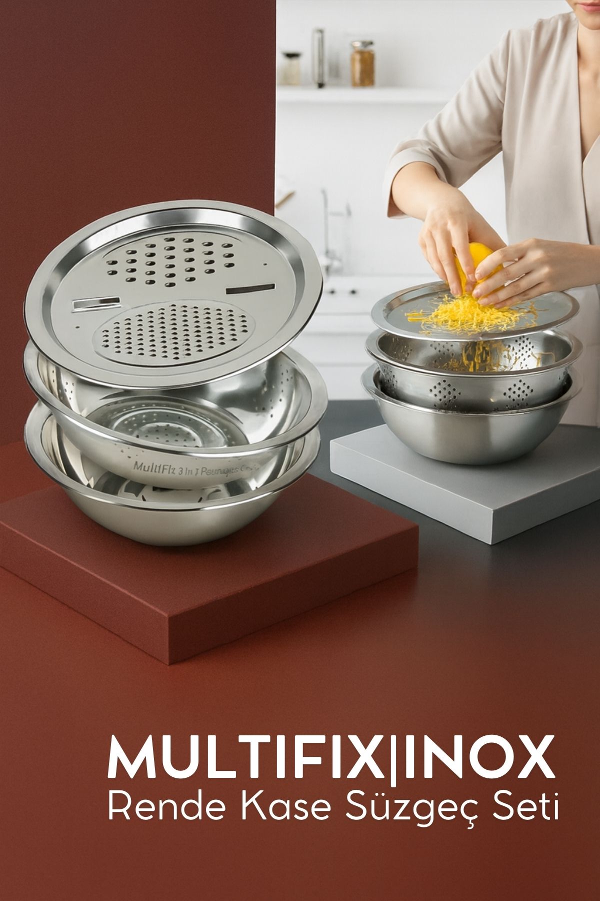 Çelik Rende Kase Süzgeç Seti - MultiFix 3 in 1 Paslanmaz Çelik 722050