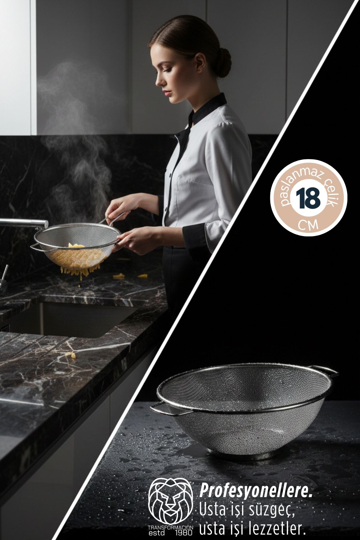 TransForMacion 18 cm Süzgeç - Makarna Süzgeci Pirinç Meyve Süzgeci 304 Paslanmaz Çelik 721937