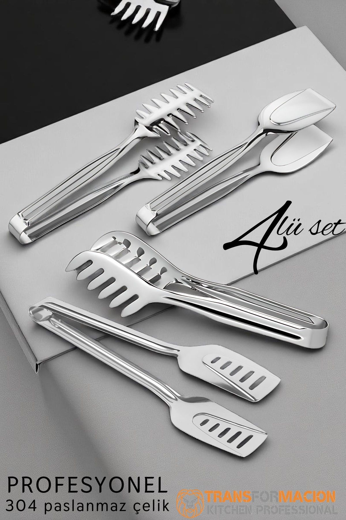 Mutfak Maşa Seti - Makarna Pasta Salata Çok Amaçlı Maşa 4 lü SET 304 Paslanmaz Çelik 721847