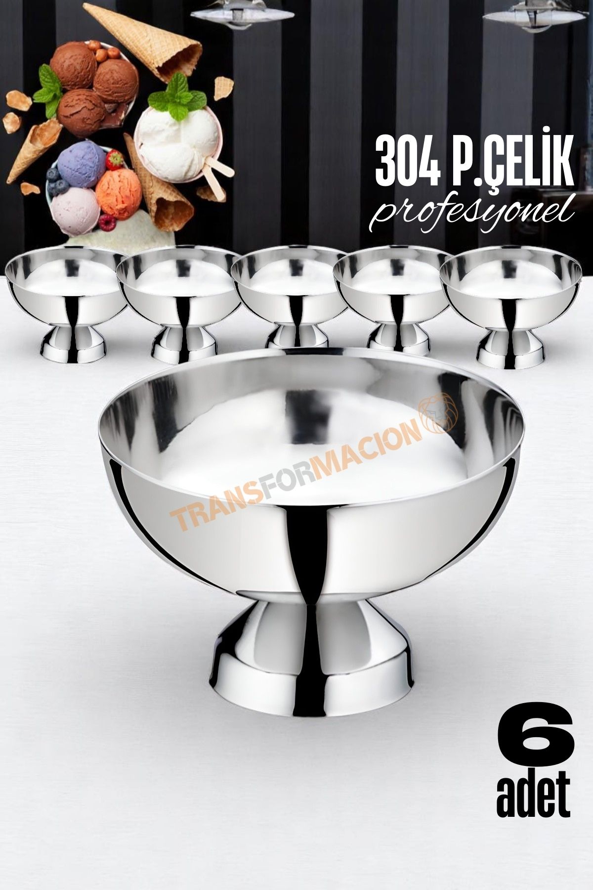 6 lı Ayaklı Dondurma Tatlı Kokteyl ve Sunum Kasesi - Paslanmaz Çelik 10 cm 721649