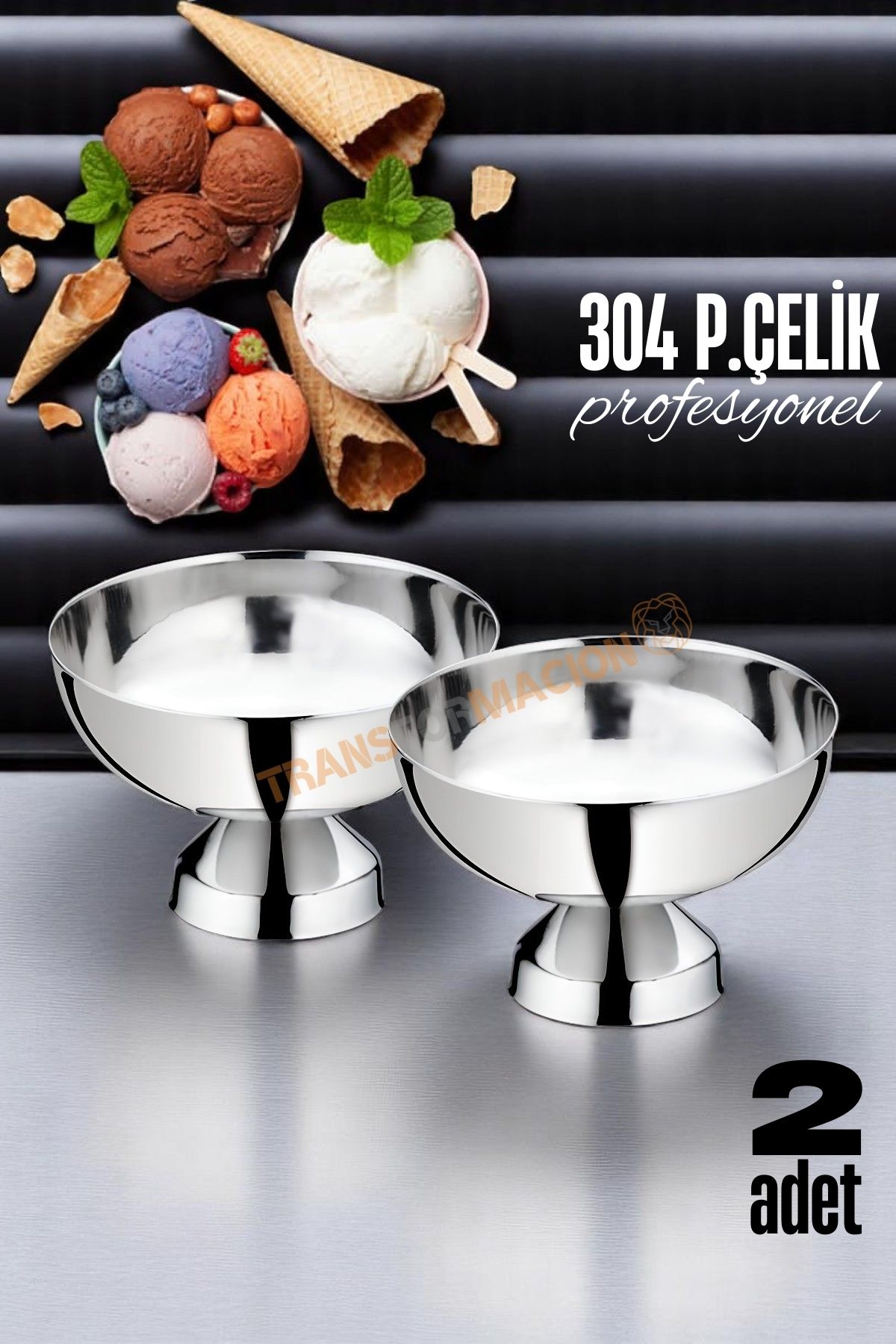 2 li Ayaklı Dondurma Tatlı Kokteyl ve Sunum Kasesi - Paslanmaz Çelik 10 cm 721648