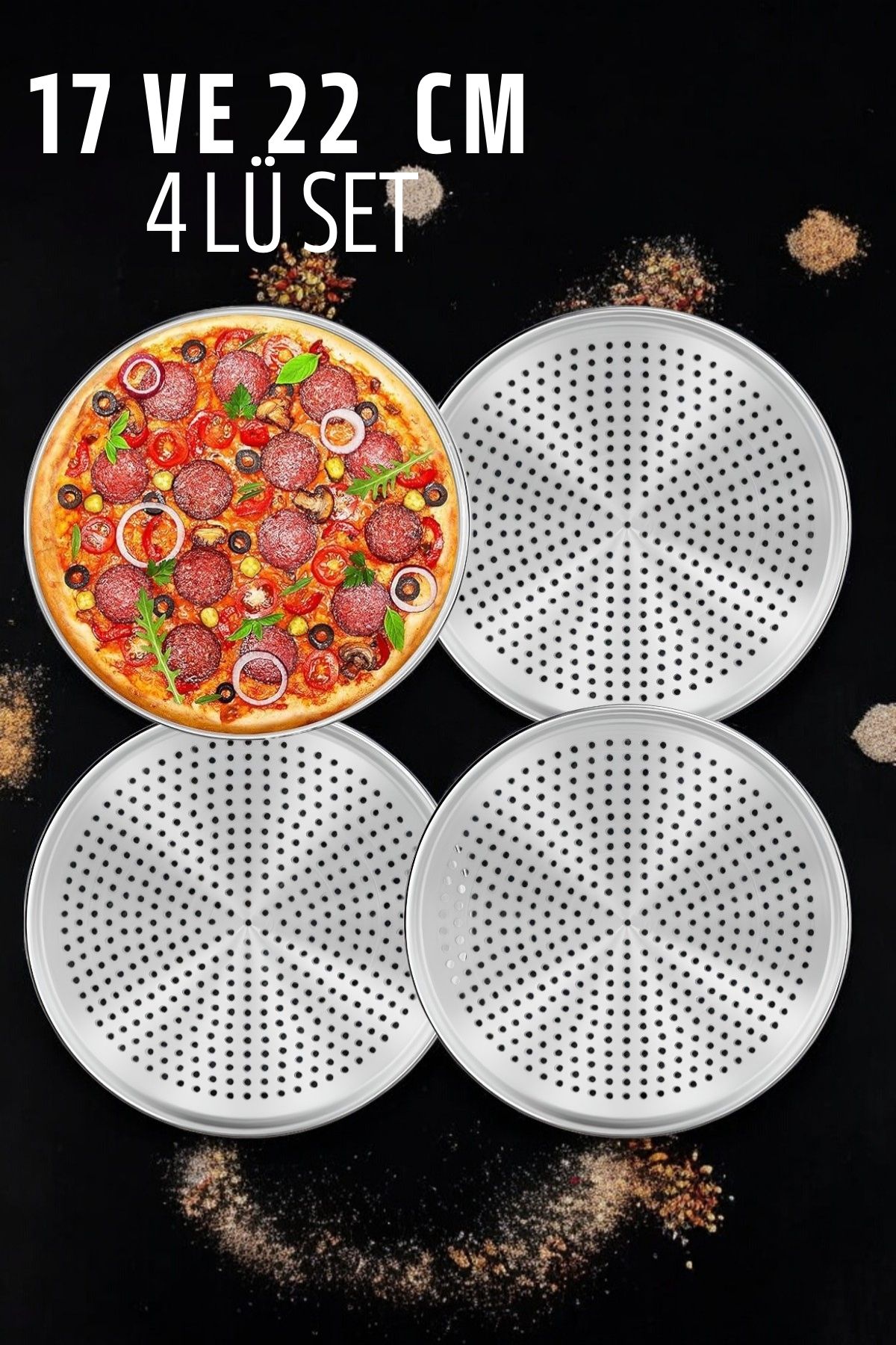 Delikli Pizza Lahmacun Tepsisi Çelik 17 ve 22 CM 4 lü SET 721570