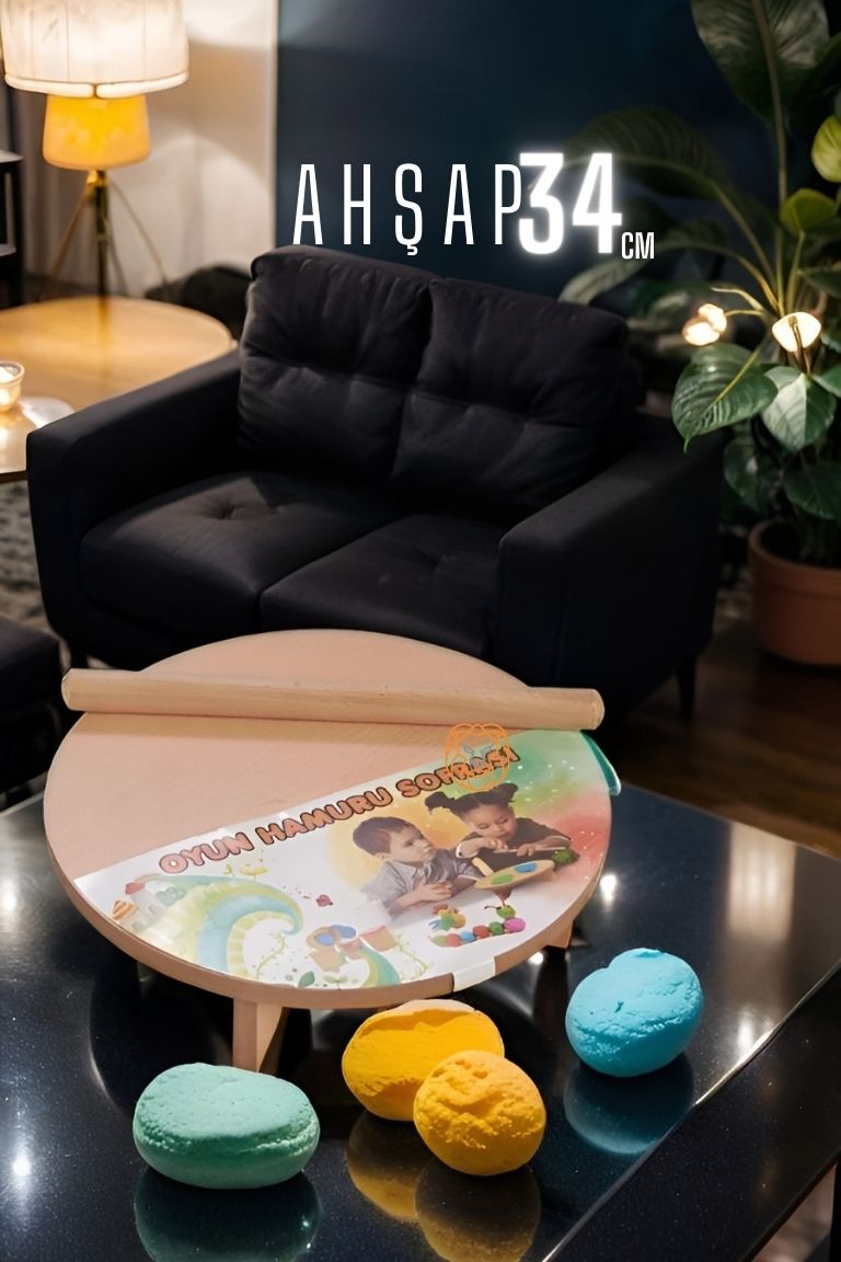  Çocuk 34 cm Ahşap Hamur Açma Masası Mini Oklava ile Oyun Hamuru Tahtası 714536	