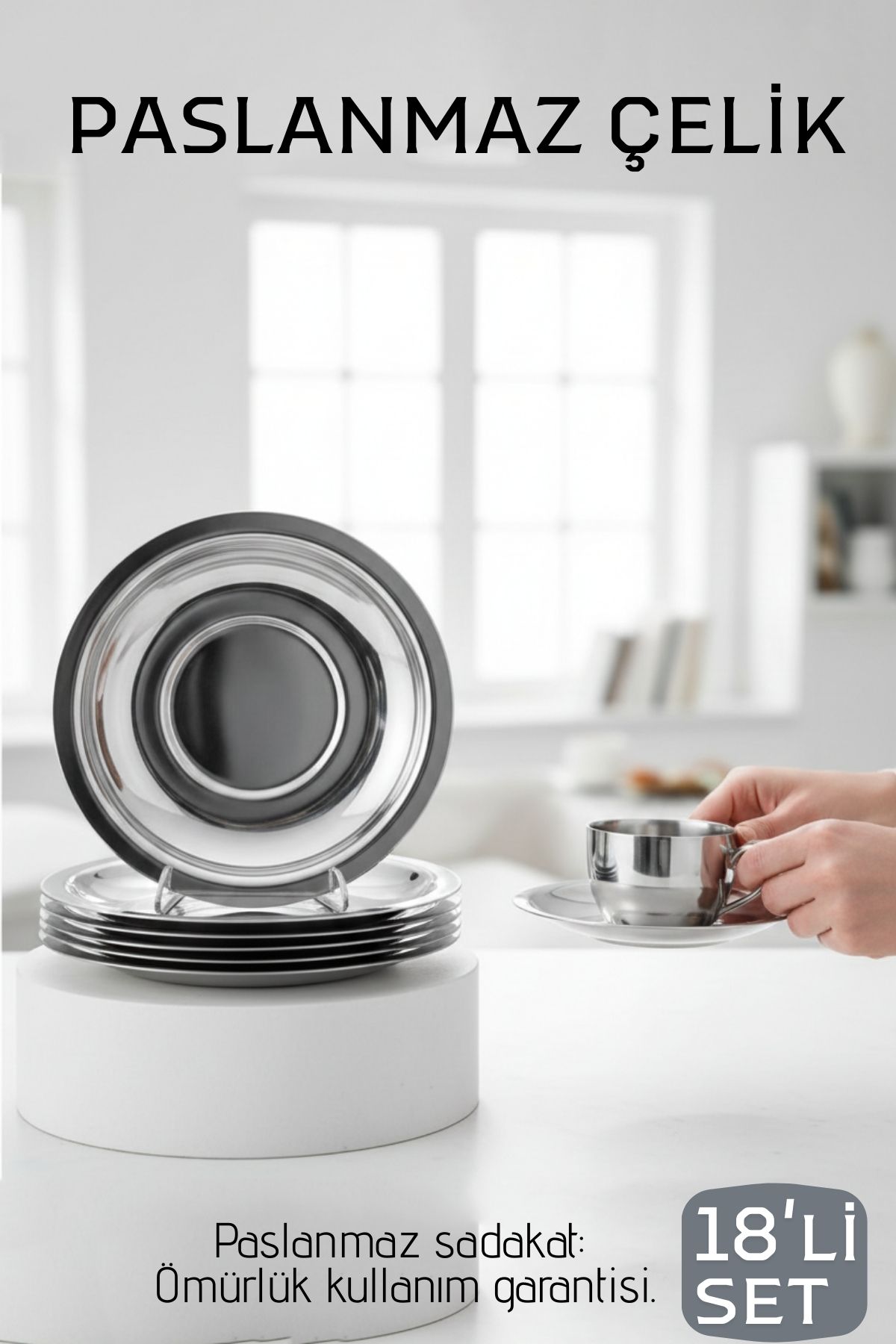 Paslanmaz Çelik Çay Tabağı Seti - Premium 304 Kalite  18 Parça Lüks Aynalı Parlaklık ve Modern Tasarım