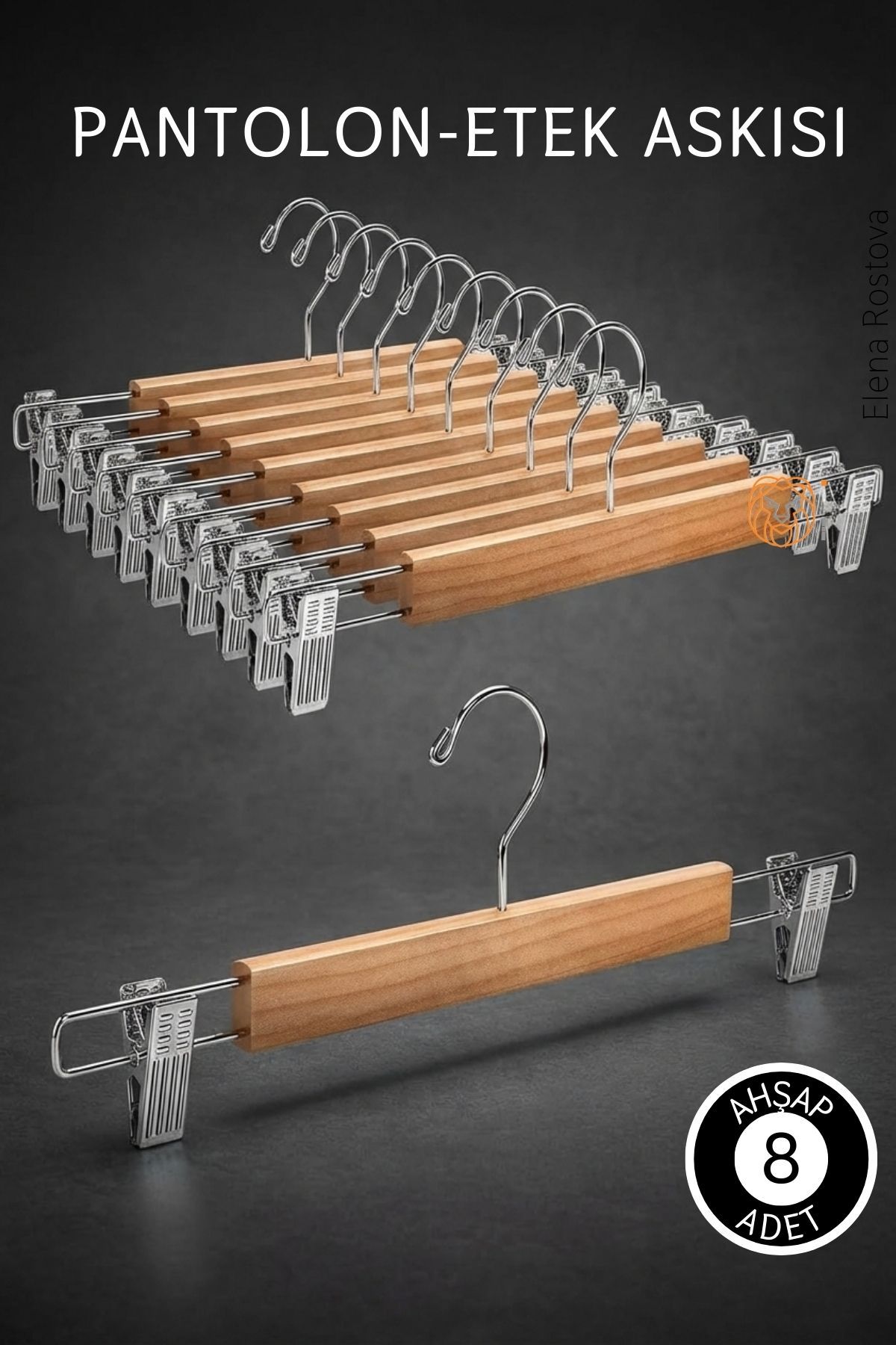 8 Adet Ahşap Pantolon Etek Askısı - Ayarlanabilir Gümüş Mandallı 36cm Organizer Set 719305