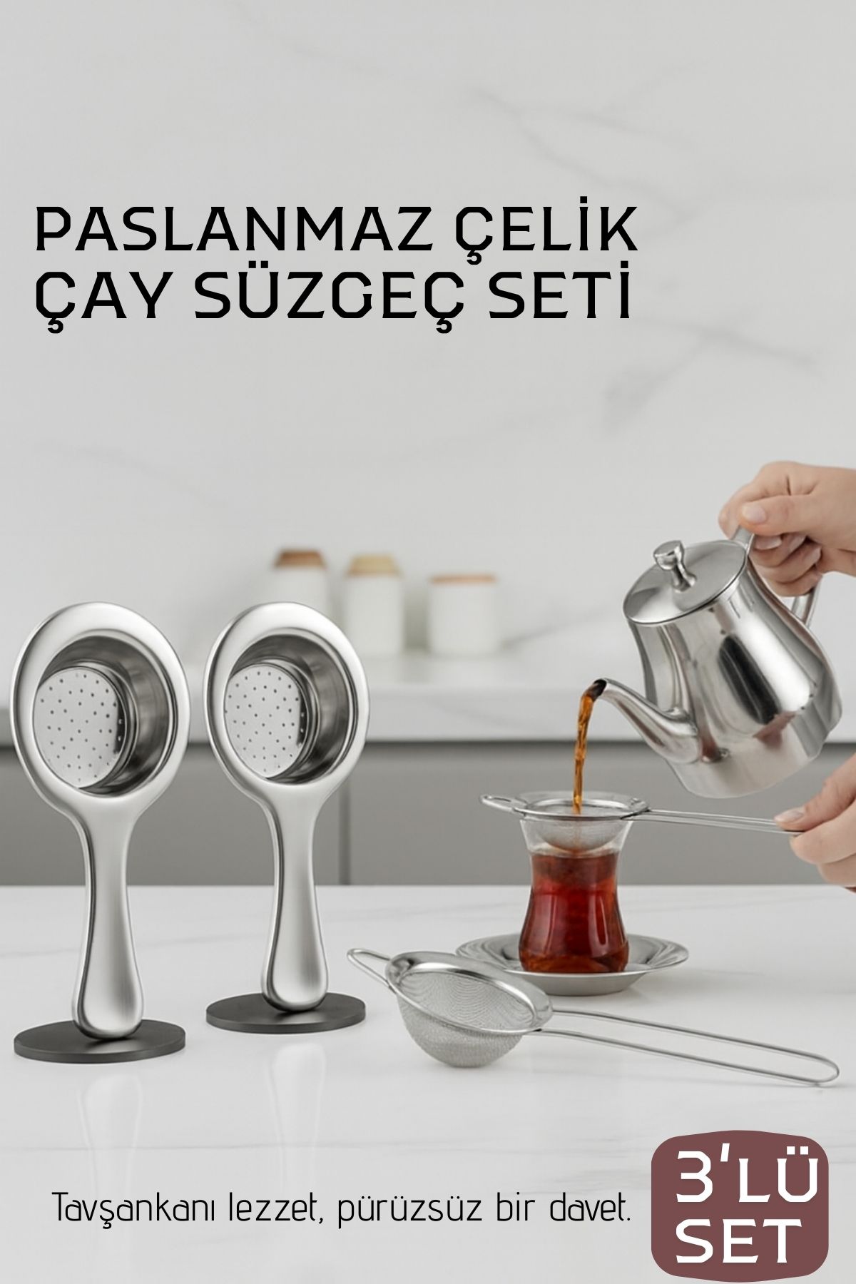 Çay Süzgeci Seti - 3 Parça Profesyonel ve Kulplu Demlik Filtresi Paslanmaz Çelik 718934