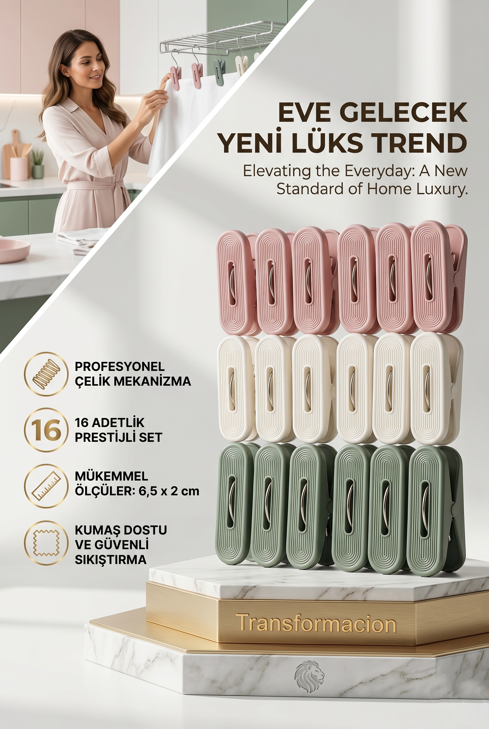 Lüks Çamaşır Mandalı Seti | 16'lı Çelik Yaylı İz Bırakmaz Profesyonel Mandal 723087