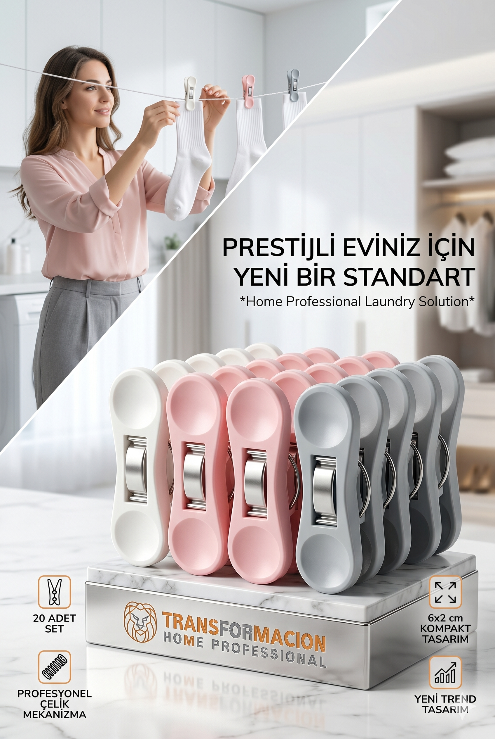 Profesyonel Çamaşır Mandalı | 20'li Çelik Mekanizmalı İz Bırakmaz Mandal Seti 723088