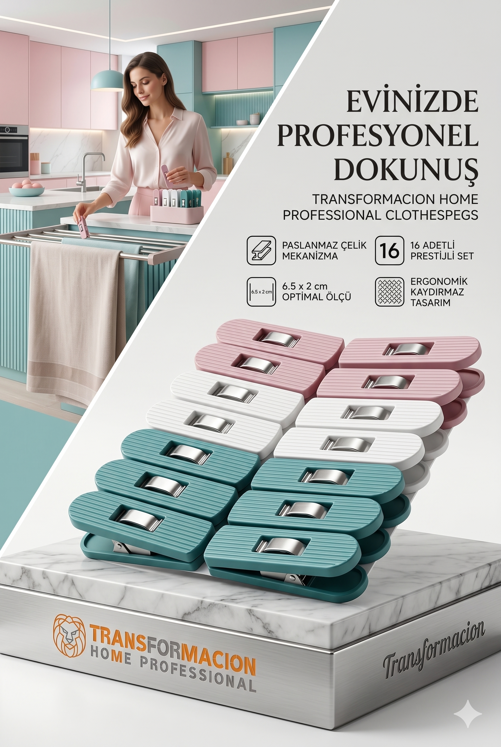 Profesyonel Çamaşır Mandalı | 16'li Çelik Mekanizmalı İz Bırakmaz Mandal Seti 723089