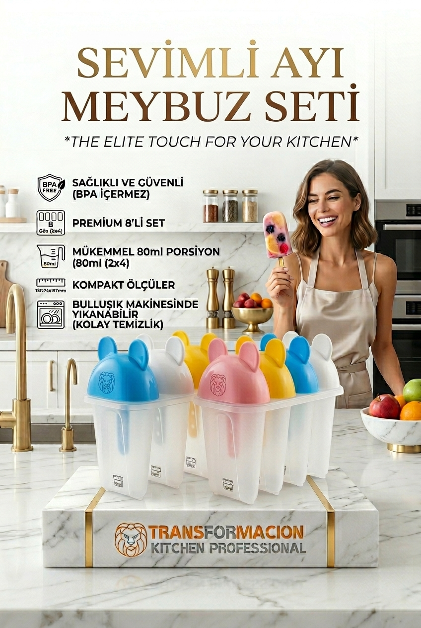 Sevimli Ayıcık Figürlü 8'li Dondurma Meybuz Kalıbı Seti - Sağlıklı Ev Yapımı Lezzetler 723093