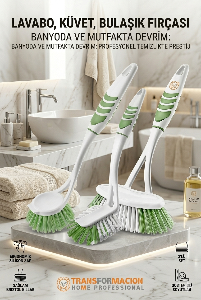 3'lü Profesyonel Temizlik Fırçası Seti - Ergonomik Banyo, Lavabo ve Bulaşık Fırçası 723095