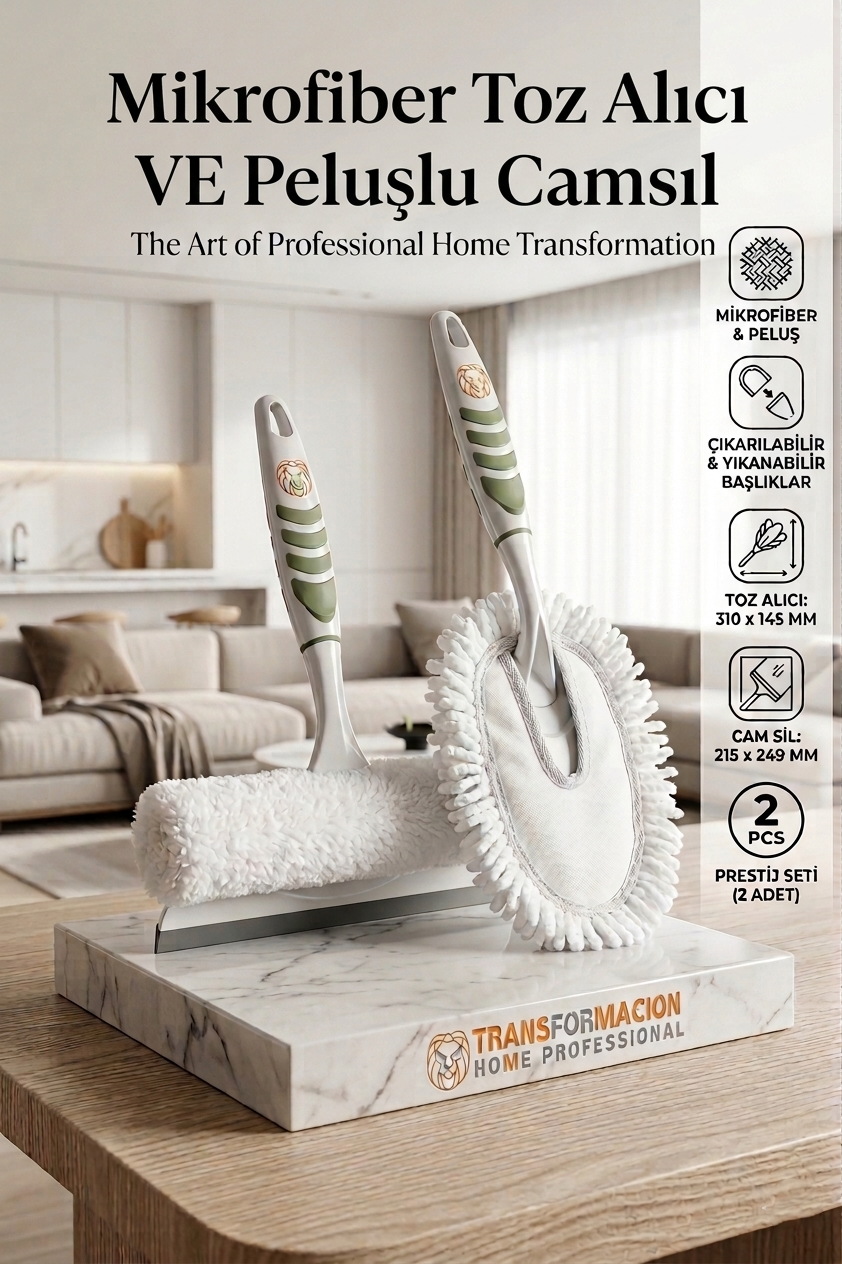 2'li Profesyonel Temizlik Seti - Yıkanabilir Mikrofiber Toz Alıcı ve Peluşlu Camsil 723097