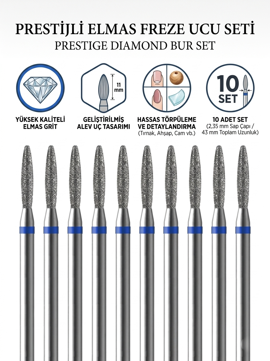 10'lu ORTA SERT Ultra Hassas Elmas Freze Ucu - Kuru Manikür, Tırnak, Hobi, Gravür Seti  723102