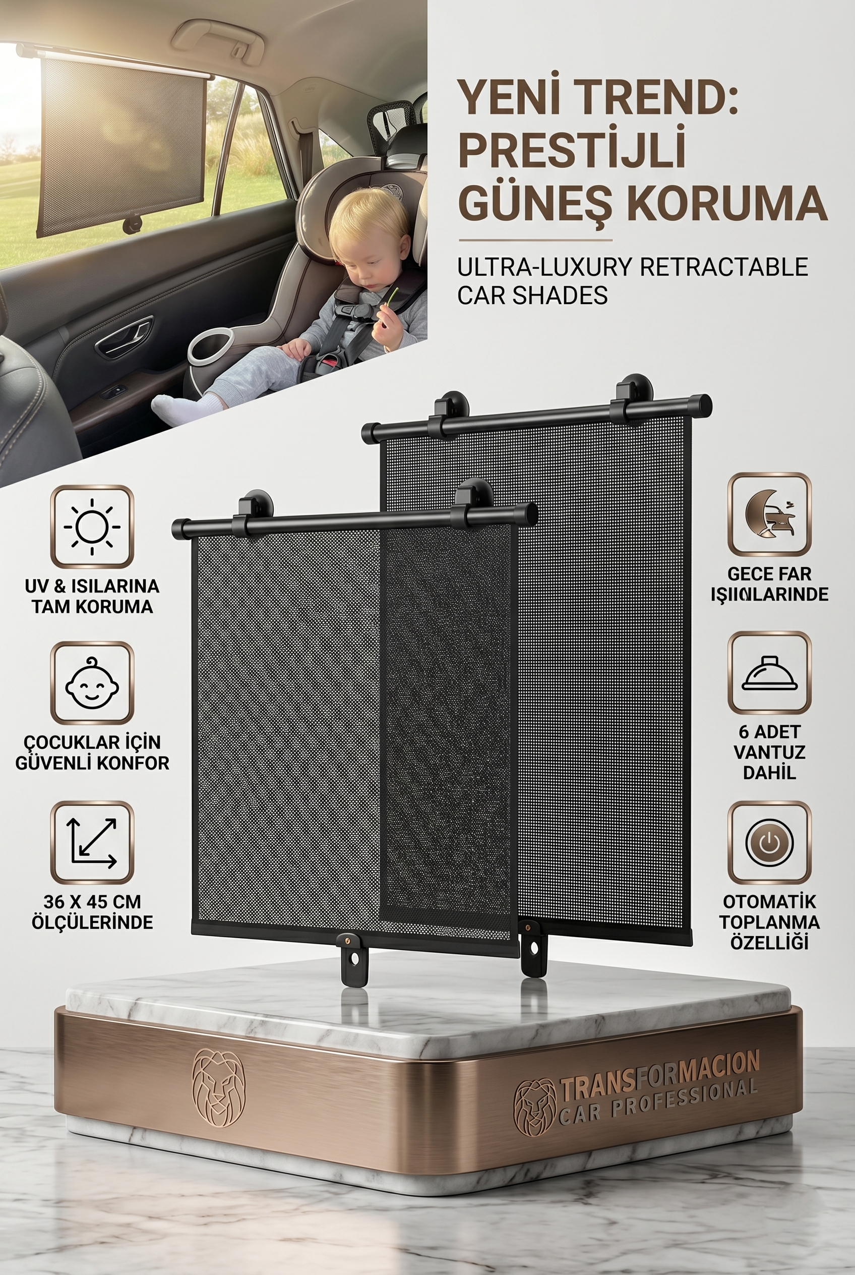 Otomatik Toplanır Araç Perdesi 2'li Set | 36x45 cm Vantuzlu Yan Cam Güneşliği 723080