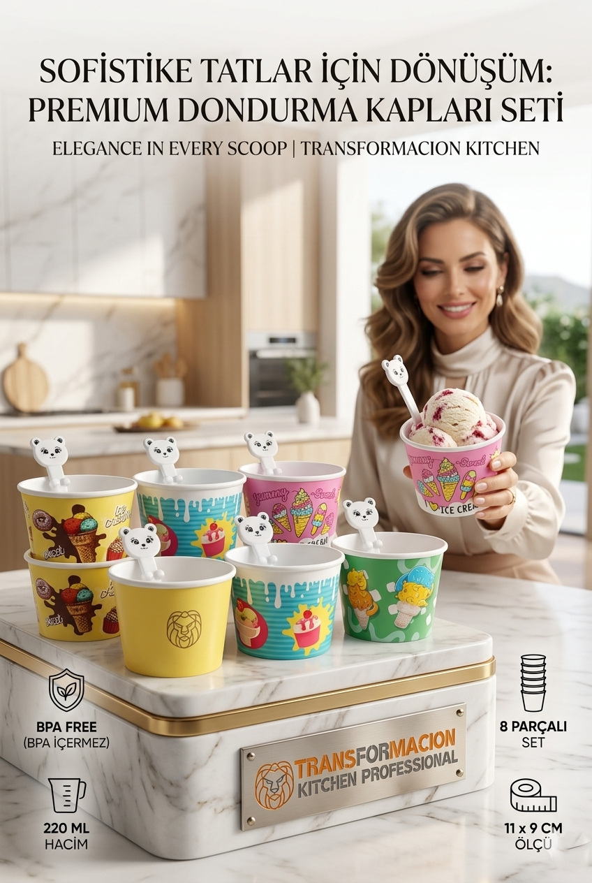 Sevimli Ayıcık Kaşıklı 8'li Dondurma Kasesi Seti - Parti, Atıştırmalık ve Mama Kabı 723094