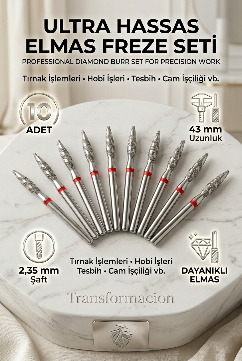 10'lu Ultra Hassas Elmas Freze Ucu - Kuru Manikür, Tırnak, Hobi, Gravür Seti 243LX/021R 723100