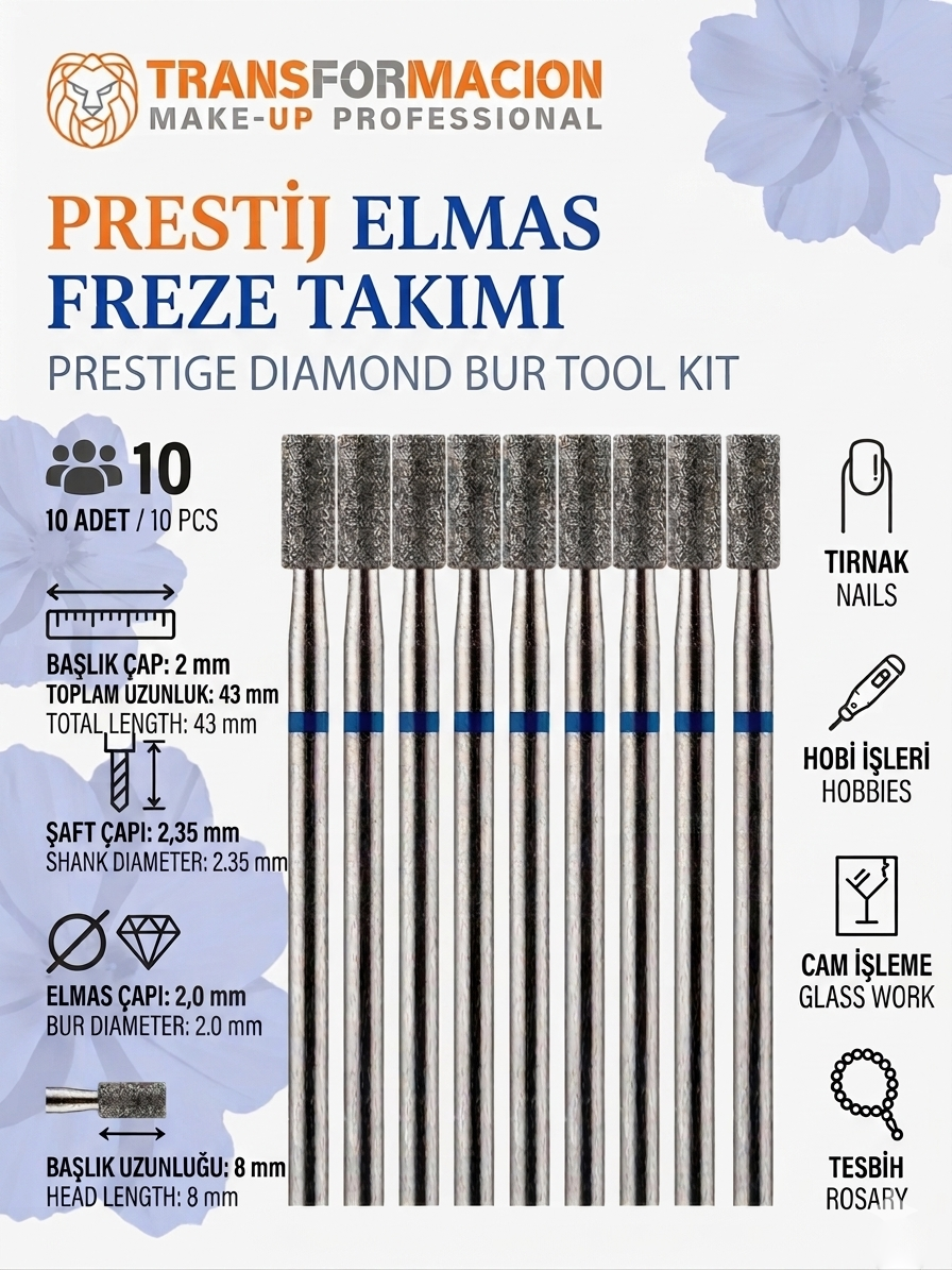 10'lu ORTA SERT Ultra Hassas Elmas Freze Ucu - Kuru Manikür, Tırnak, Hobi, Gravür Seti  723104