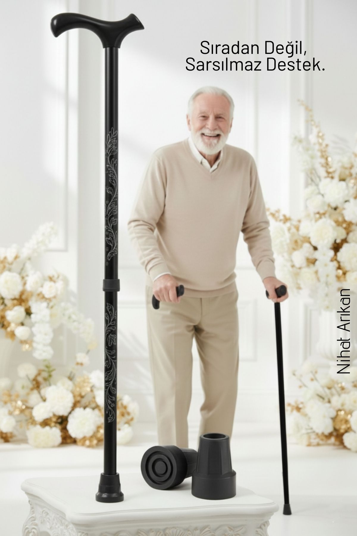 Yükseklik Ayarlanabilir SİYAH Metal Baston - 7 Kademe Ayarlı Ergonomik Denge Desteği + 2 Yedek Uç  716392