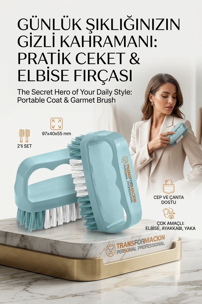 2'li Mini Leke ve Toz Fırçası Seti - Elbise, Ayakkabı, Yaka için Pratik Çanta Boy Fırça 723098