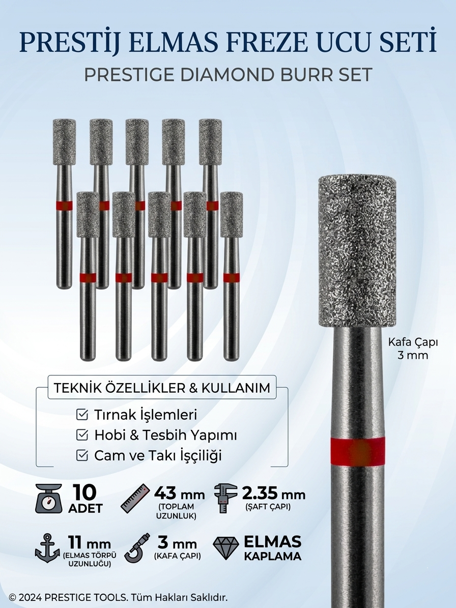 10'lu ORTA SERT Ultra Hassas Elmas Freze Ucu - Kuru Manikür, Tırnak, Hobi, Gravür Seti  723103