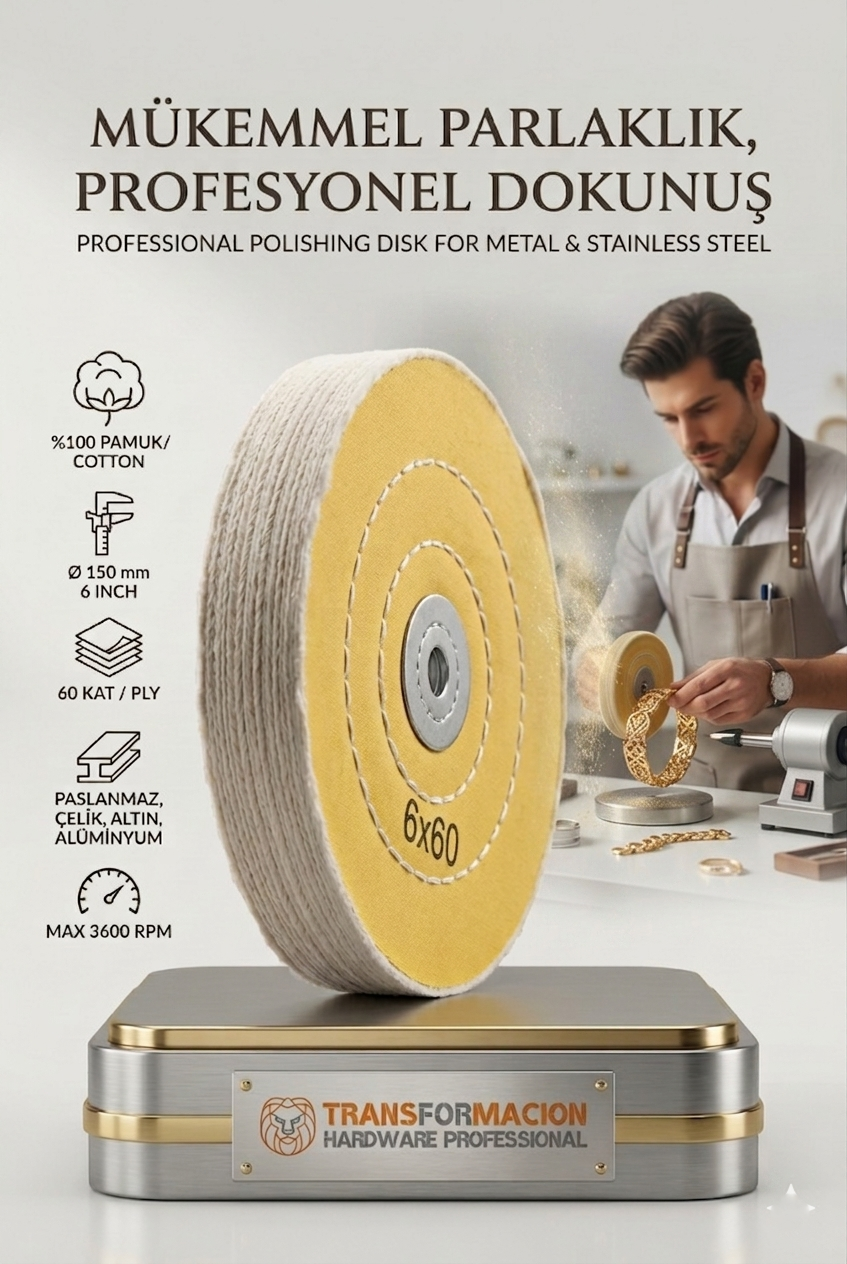 Orta Sert Polisaj Keçesi 6x60 60 Katlı 150mm - Pamuk Bez Disk Ayna Parlaklığı Metal Parlatma Keçesi 723116