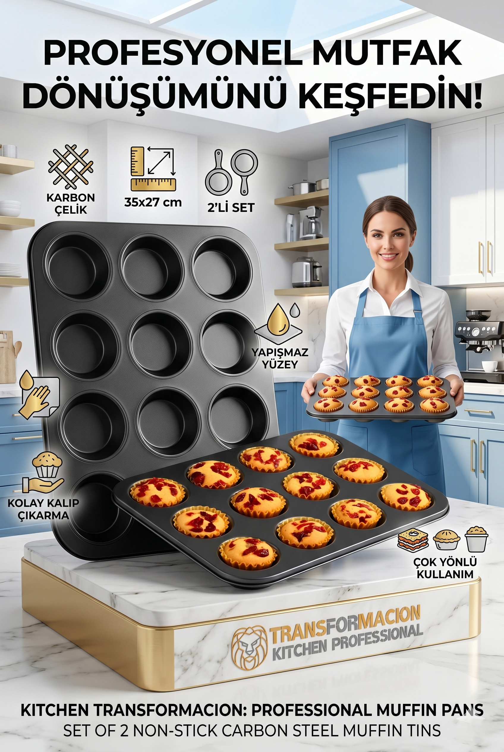2'li Set 12'li Muffin Kalıbı | Karbon Çelik Yanmaz Yapışmaz Cupcake & Kek Pişirme Tepsisi 723122
