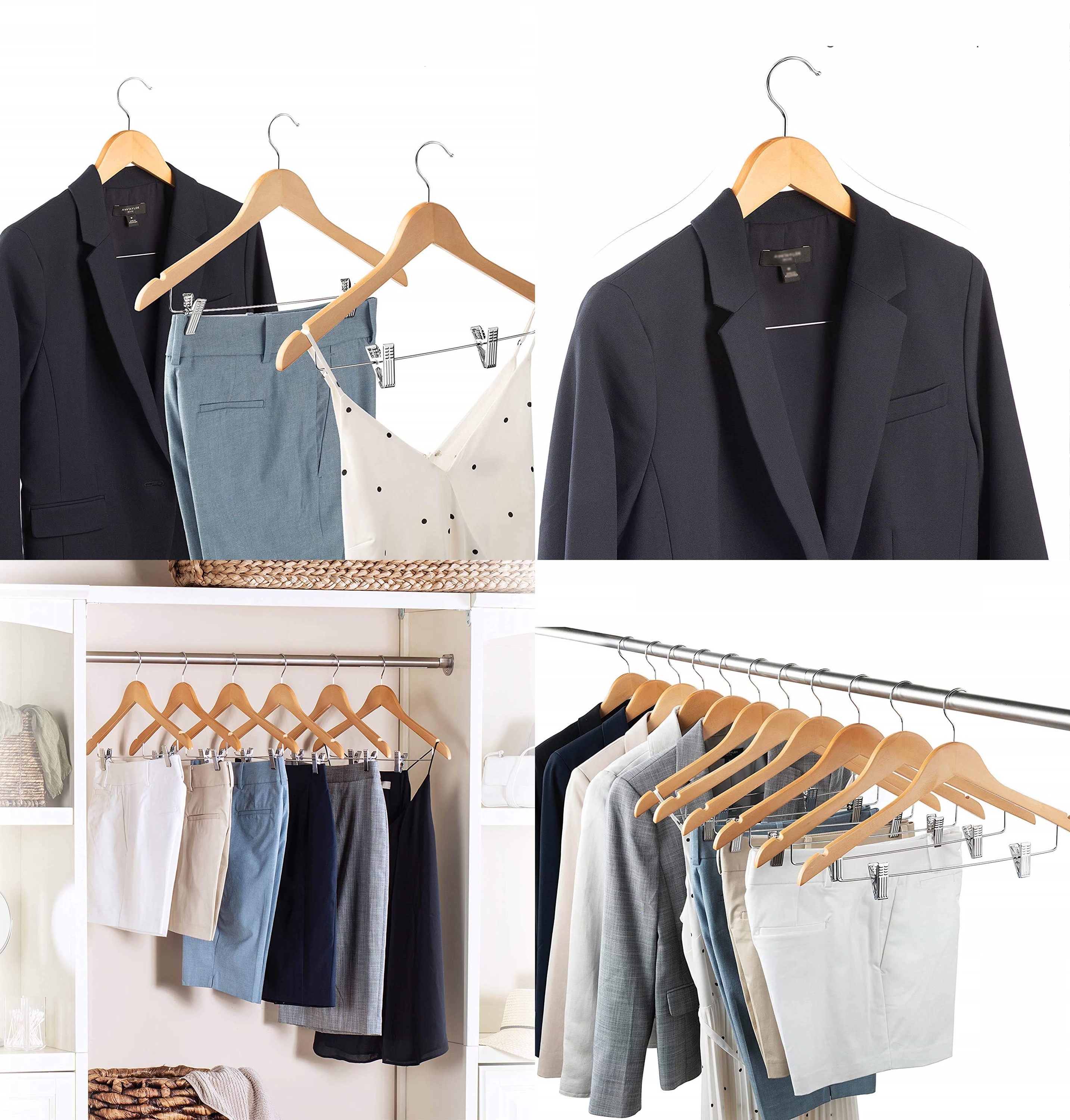 12'li Ahşap Takım Elbise Askısı Seti | Kıskaçlı Pantolon Askısı Kaymaz Çentikli Ceket Askılığı  723123 