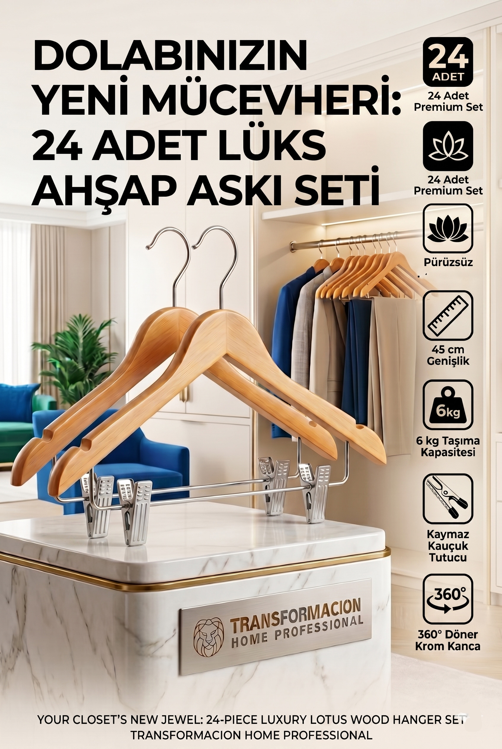 24'lü Ahşap Takım Elbise Askısı Seti | Kıskaçlı Pantolon Askısı Kaymaz Çentikli Ceket Askılığı 723124