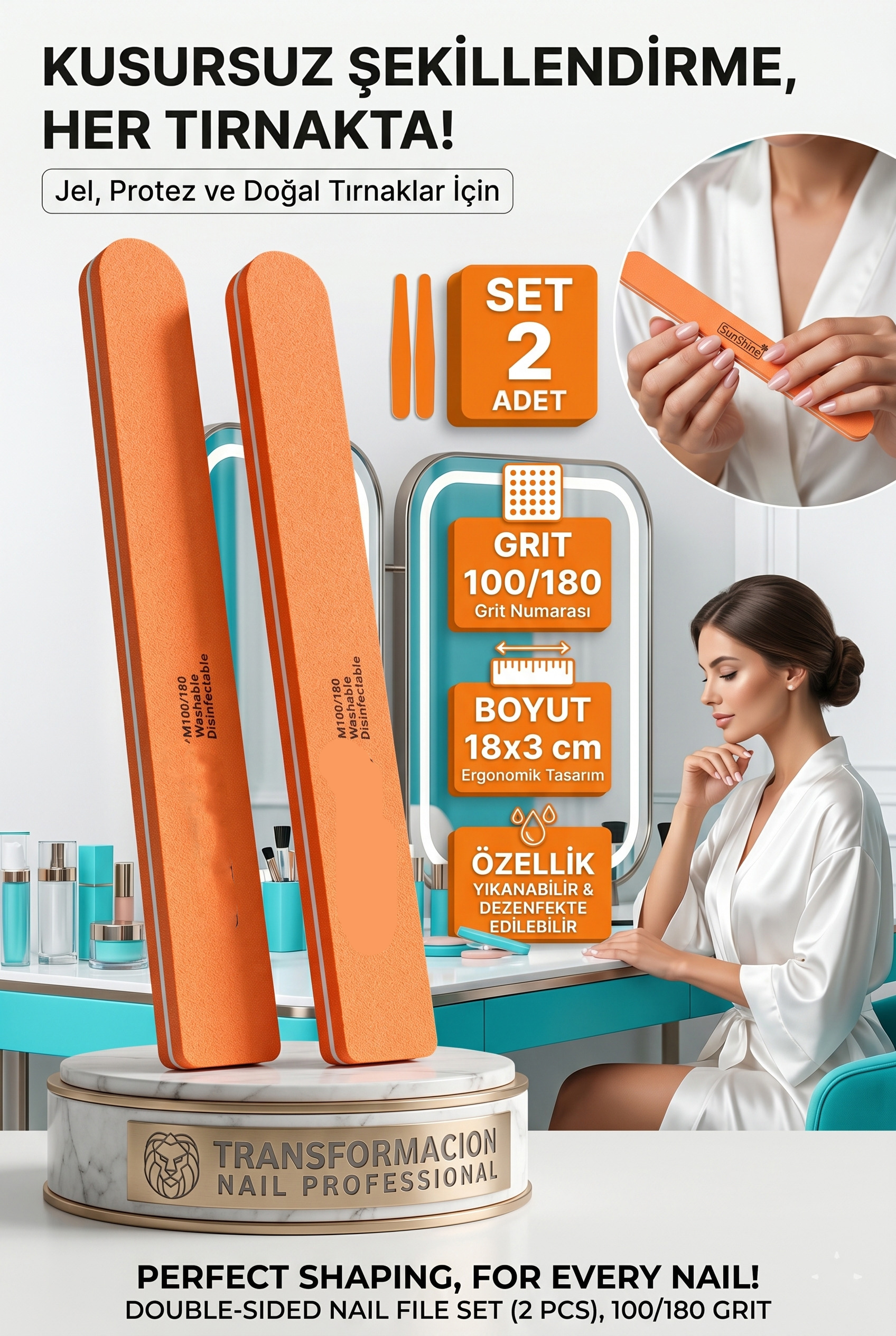 Profesyonel Tırnak Törpüsü 2'li Set 100/180 Grit Kalıcı Oje Protez Tırnak Törpüsü 723128