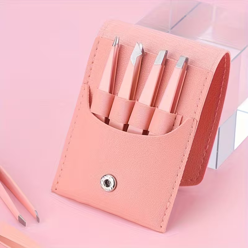 Profesyonel Kaş Alma Cımbız Seti - 4'lü Paslanmaz Çelik ve Özel Deri Taşıma Çantalı 723129